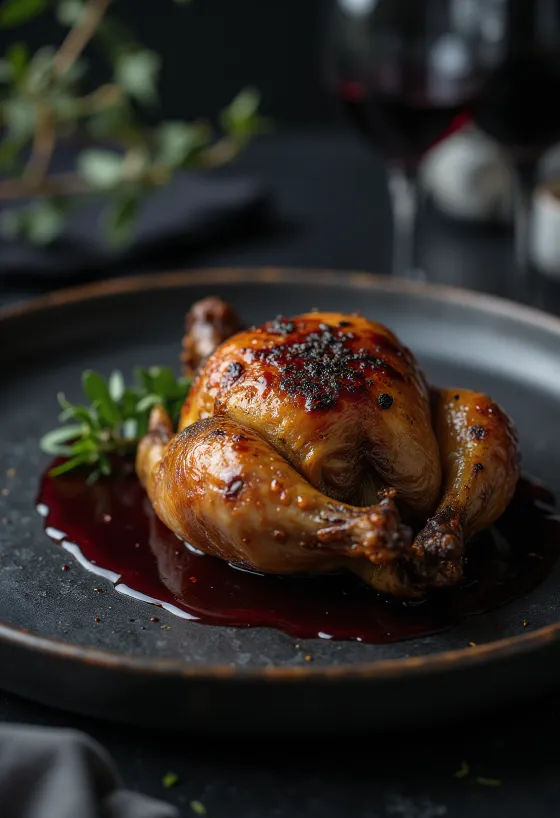 Pernice arrosto con jus al vino rosso servita elegantemente.