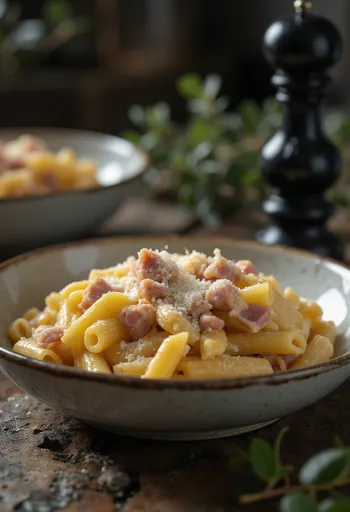 Pasta al prosciutto con salsa alla panna e decorata con formaggio grattugiato, servita su un piatto bianco.