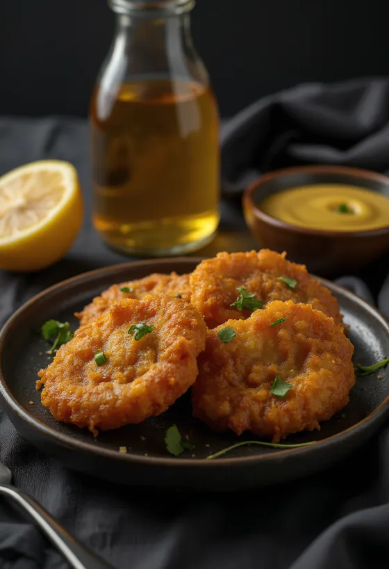 Acarajé con salsa al miele e senape, decorato con coriandolo fresco