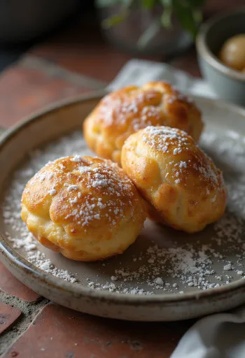 Æbleskiver al cardamomo, spolverato con zucchero a velo