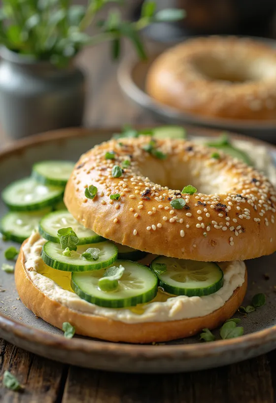 Bagel con hummus e cetriolo fresco, decorato con prezzemolo