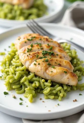 Petto di pollo con riso al pesto servito
