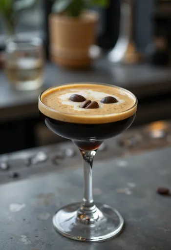 Cocktail Espresso Martini decorato con tre chicchi di caffè