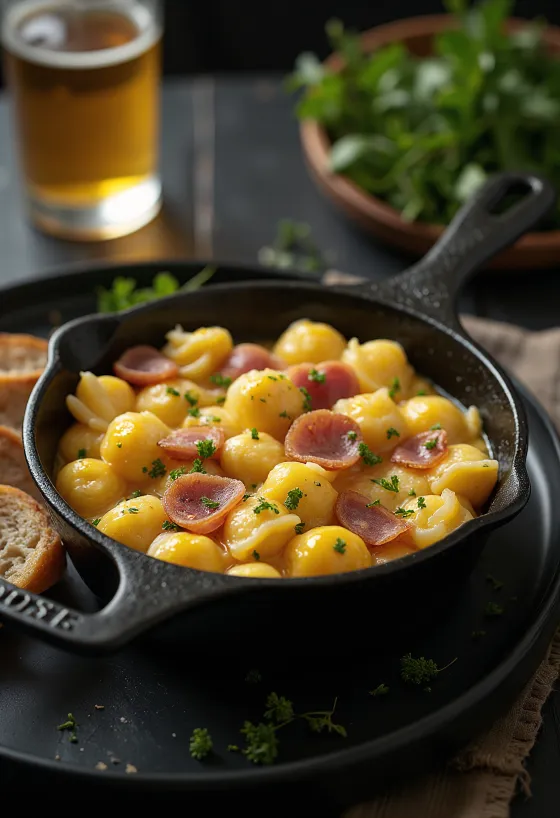 Gnocchetti all'uovo con prosciutto affumicato serviti