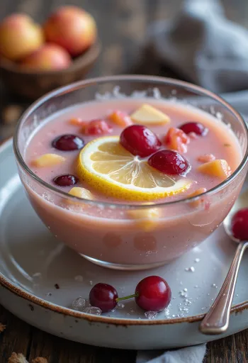 Zuppa di frutta rinfrescante e cremosa, servita con pezzi di frutta fresca