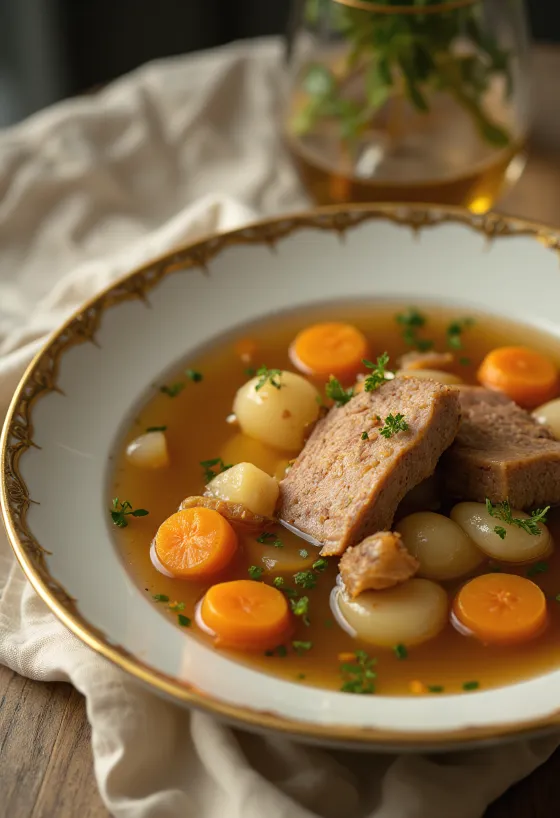 Brodo ricco servito con manzo e verdure