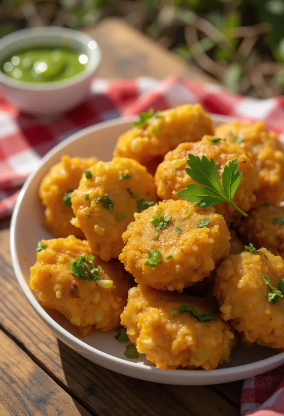 Moong dal pakora serviti, bocconcini croccanti e speziati