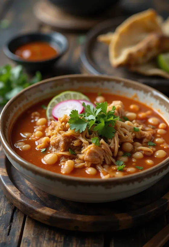 Pozole rojo, servito con ricca purea di peperoncino rosso e coriandolo fresco