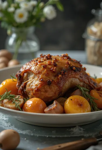 Istrice arrosto alle erbe servito con verdure al forno.