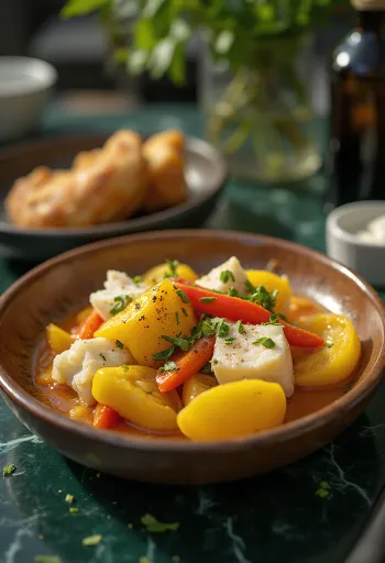 Ackee e baccalà serviti con verdure e spezie