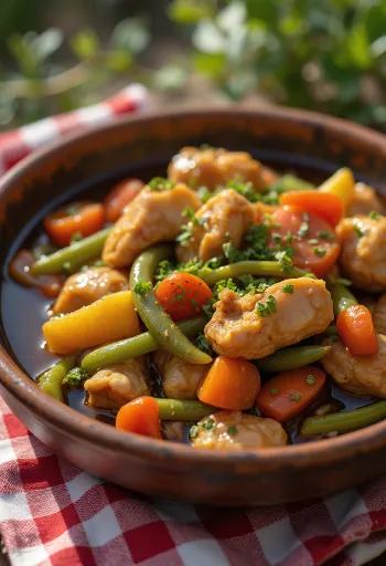 Adobo con ragù di verdure, decorato con coriandolo fresco