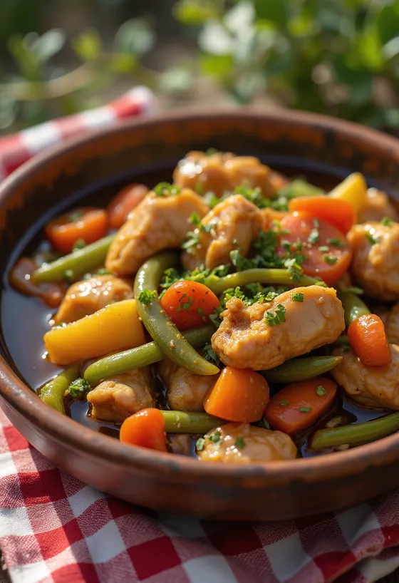 Adobo con ragù di verdure, decorato con coriandolo fresco