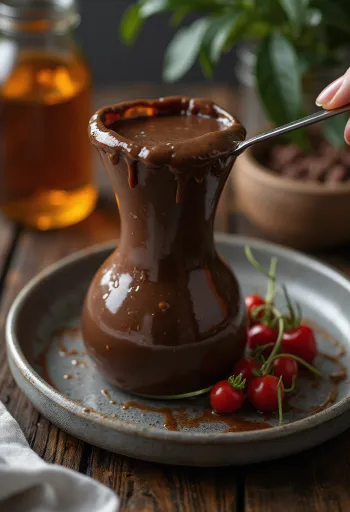 Salsa al cioccolato e peperoncino servita con frutta fresca