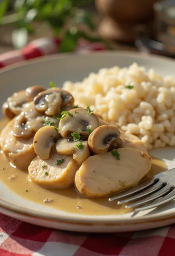 Petto di pollo succoso con salsa ai funghi e panna, servito su piatto bianco.