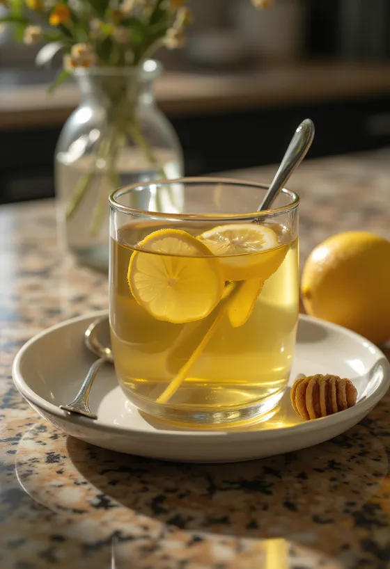 Infuso caldo di zenzero e limone servito in bicchiere