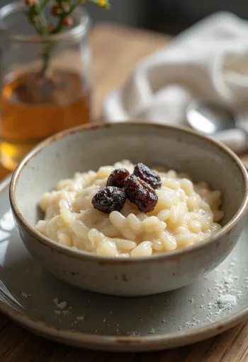 Budino di riso con uvetta servito con menta fresca e zucchero dolce