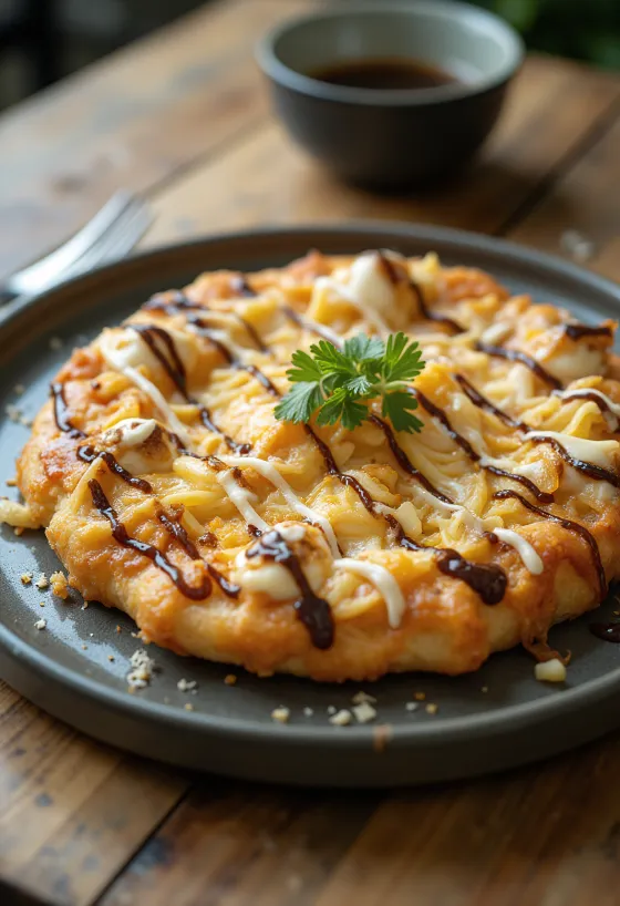 Pizza Okonomiyaki con cavolo e fiocchi di tonno