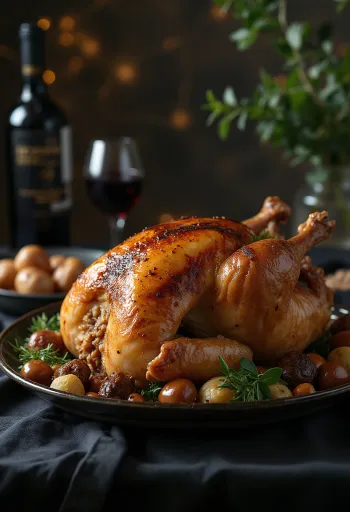 Tacchino arrosto con ripieno di castagne servito su un vassoio con verdure.