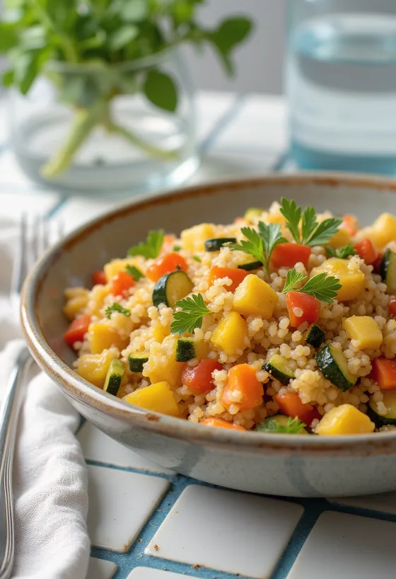 Bulgur con verdure servito con pezzi di peperone fresco pomodoro e zucchine