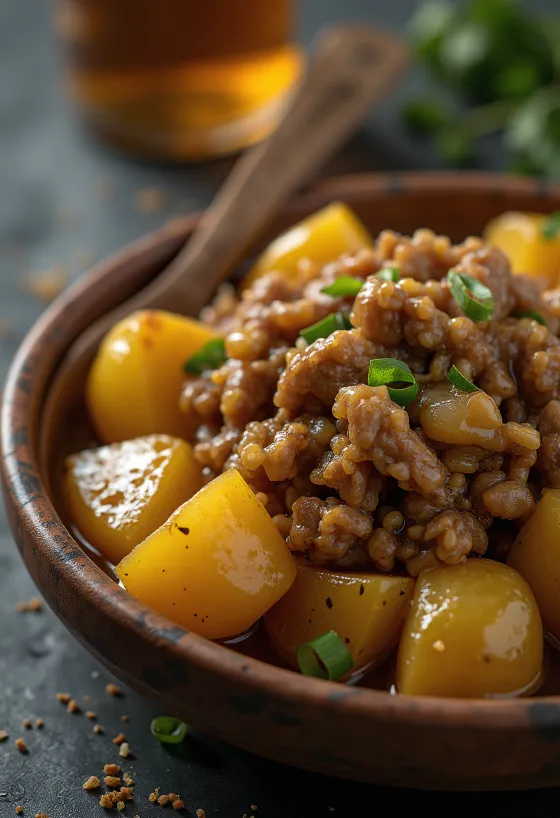 Adobo con patate, carne speziata e patate croccanti serviti