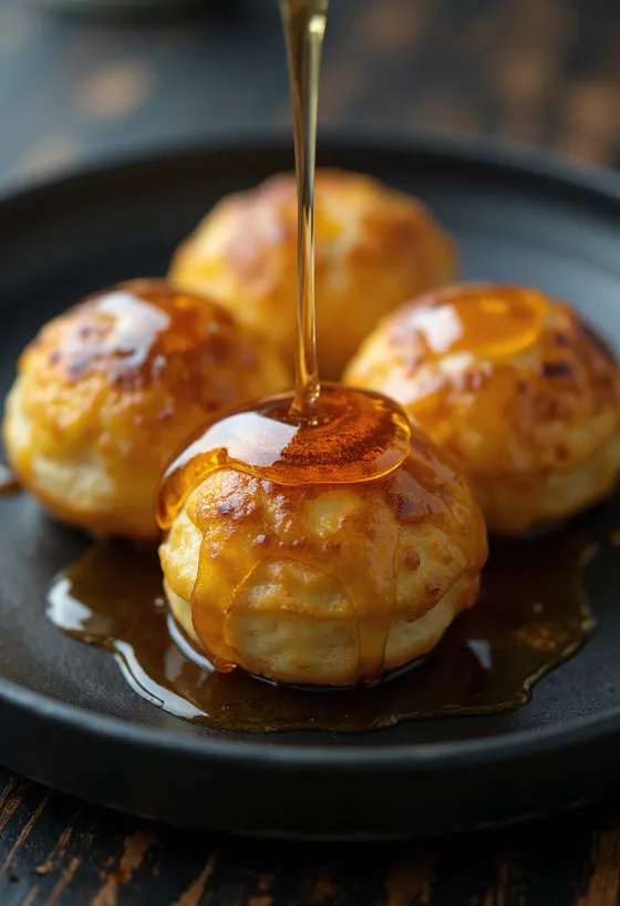 Æbleskiver con sciroppo d'acero, dolci freschi, dorati, serviti con sciroppo d'acero