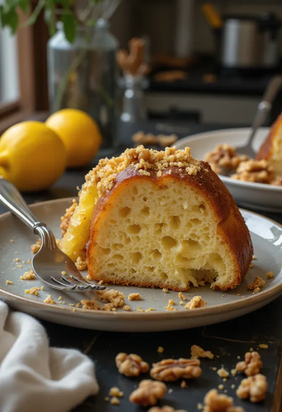 Ciambellone limone e noci servito