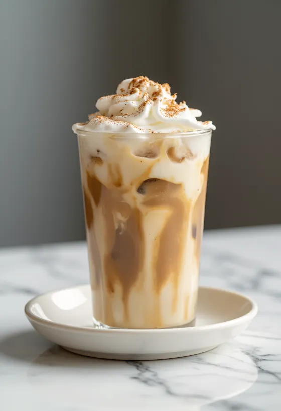 Caffè freddo alla cannella decorato con panna montata e cannella