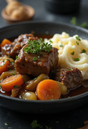 Stufato di spalla di agnello servito in una ciotola rustica