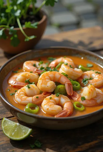 Moqueca de Camarão, piatto brasiliano di gamberi con latte di cocco e verdure fresche