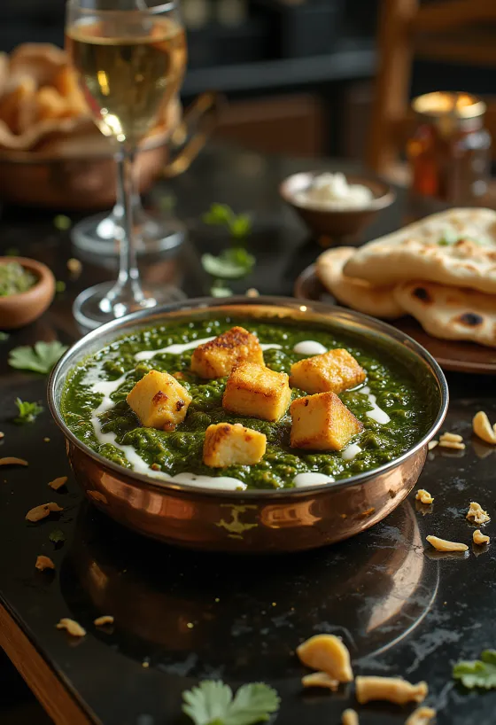 Palak paneer allo zenzero servito con spinaci freschi e cubetti di paneer speziati