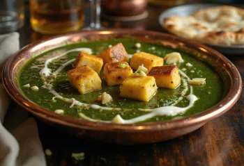 Palak paneer allo zenzero servito con spinaci freschi e cubetti di paneer speziati