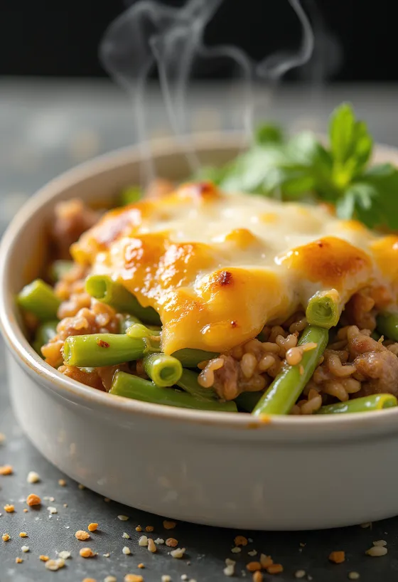 Sformato di fagiolini con panna acida fresca e formaggio gratinato sopra.