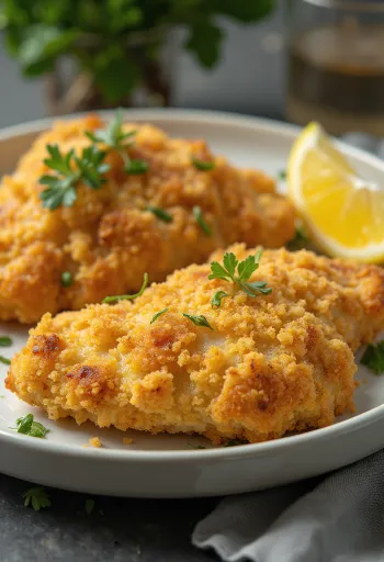 Petto di pollo impanato fritto dorato servito con insalata