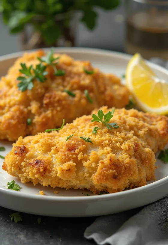Petto di pollo impanato fritto dorato servito con insalata