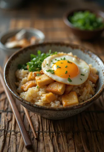 Oyakodon con Tofu su riso, decorato con uovo e cipollotto