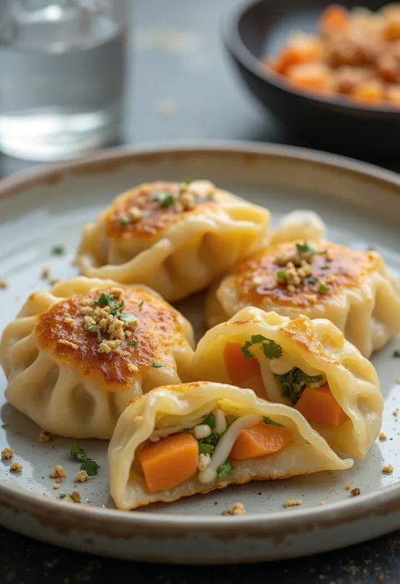 Vegetable Gyoza serviti con ripieno di verdure e salsa di soia