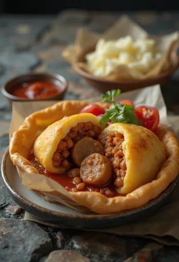 Acarajé con salsiccia, decorato con fagioli speziati e prezzemolo fresco