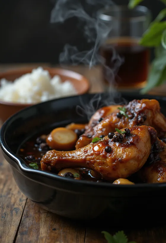 Adobo di pollo, cotto in salsa di soia, servito con riso