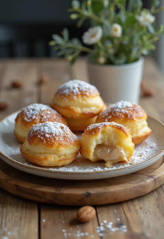 Æbleskiver ripiene alle mandorle, spolverate di zucchero a velo, servite in una ciotola