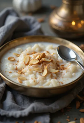 Kheer alle mandorle decorato con mandorle, acqua di rose e frutta secca
