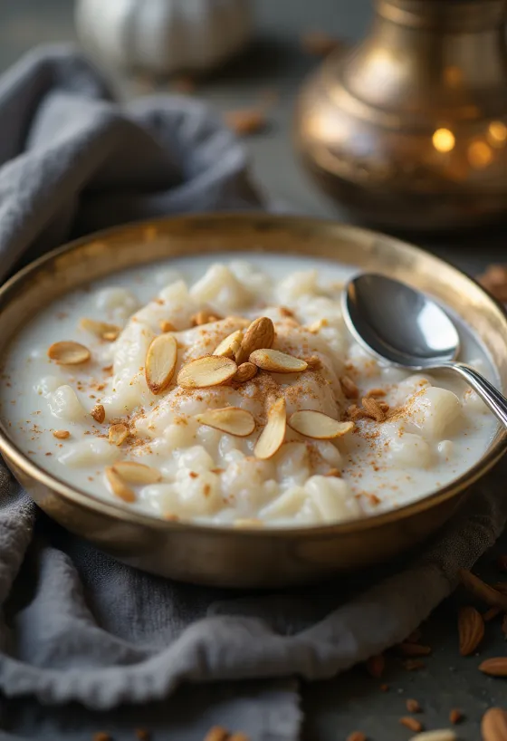 Kheer alle mandorle decorato con mandorle, acqua di rose e frutta secca