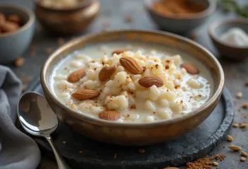 Kheer alle mandorle decorato con mandorle, acqua di rose e frutta secca
