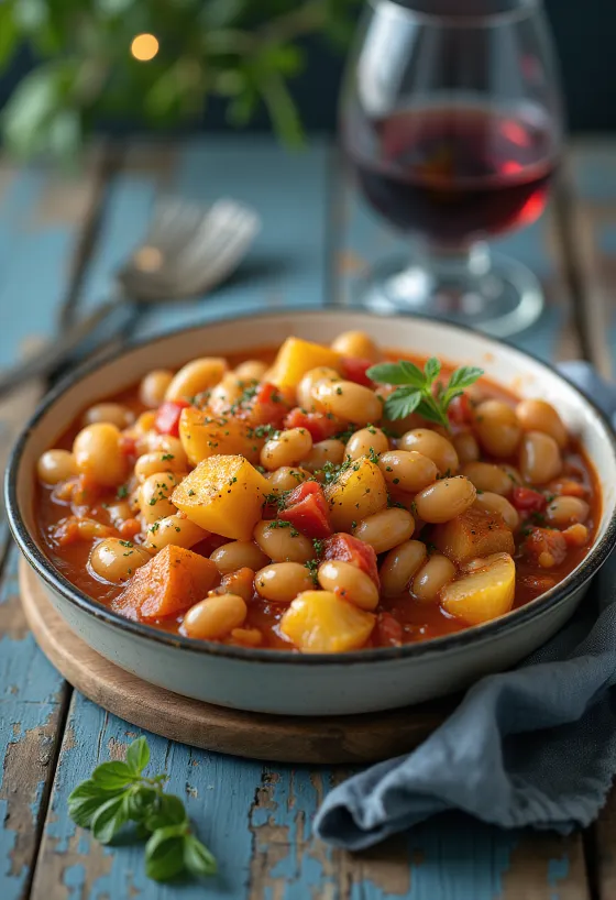Gigantes plaki con patate, servito con prezzemolo e pane fresco