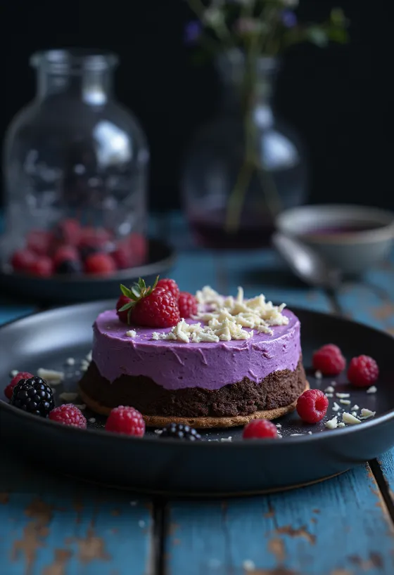 Torta mousse al cioccolato e frutti di bosco servita a fette