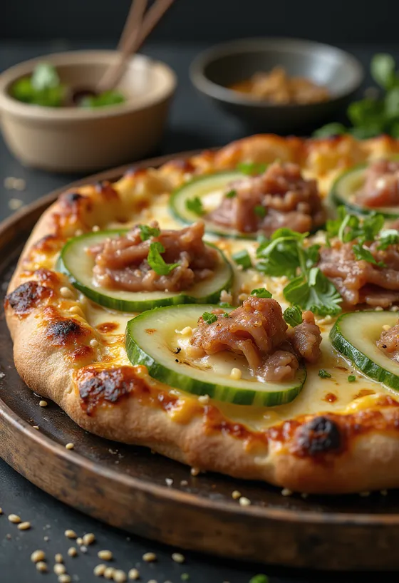Pizza con anatra sfilacciata e salsa scura