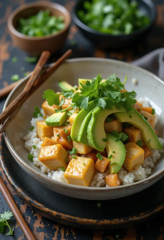 Poke bowl con tofu, verdure fresche su letto di riso, guarnita con coriandolo e succo di lime.