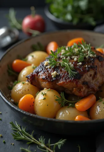 Carne di marmotta arrosto servita con ortaggi a radice su un vassoio.