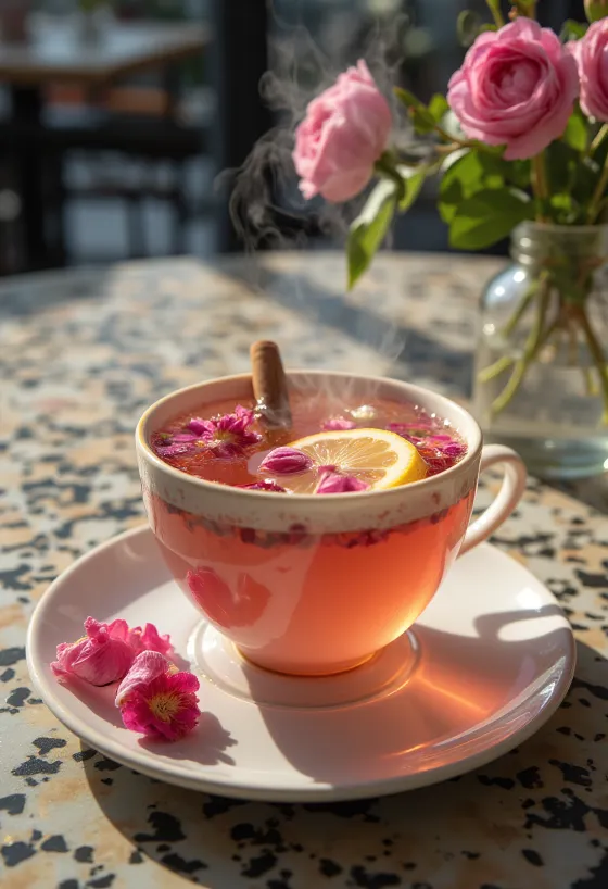 Sidro ai petali di rosa in una tazza