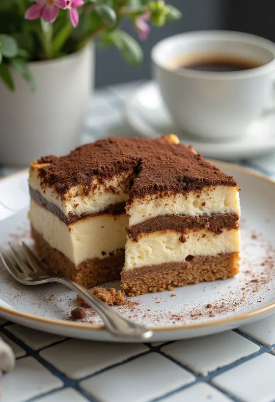 Cheesecake al tiramisù decorata con cacao in polvere