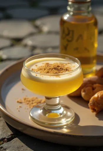 Bottiglia di vetro con liquore giallo denso e bicchierino